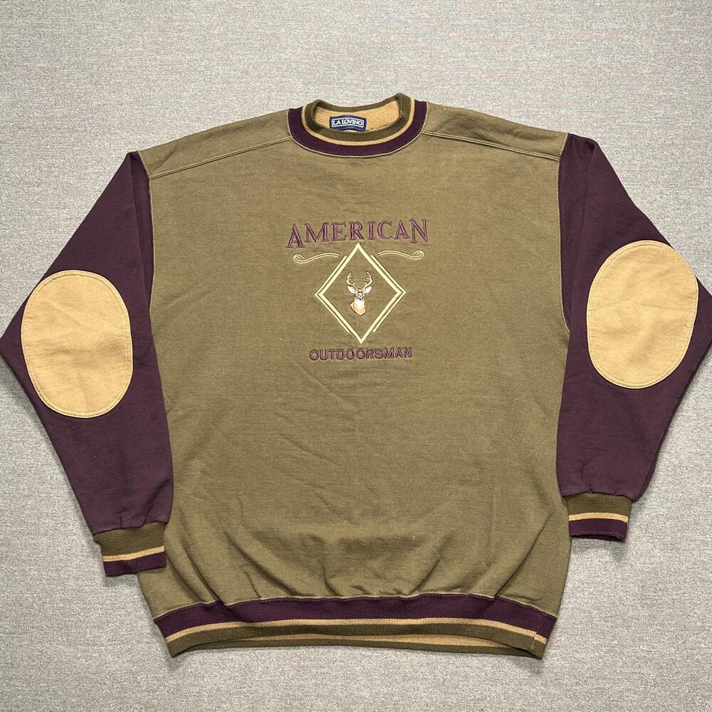 VTG American Outdoorsman Sweatshirt Mens Large Elbow Patch Embroidered Deer